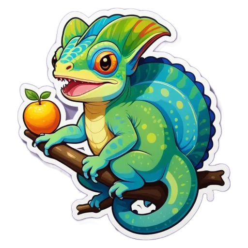 A lizard is sitting on a branch and holding an orange.