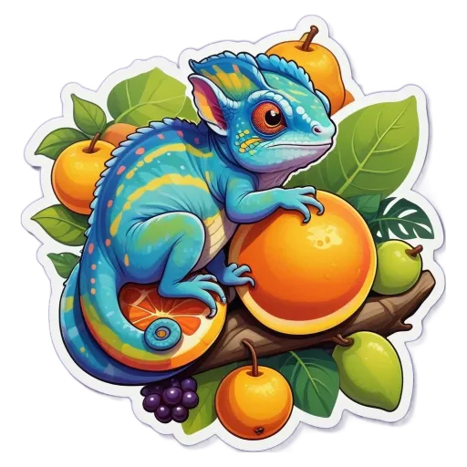 A lizard is sitting on an orange and other fruit as well.