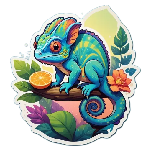 A colorful sticker of a lizard sitting on a leaf and an orange.