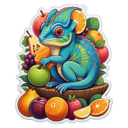 A lizard is sitting on a fruit salad.