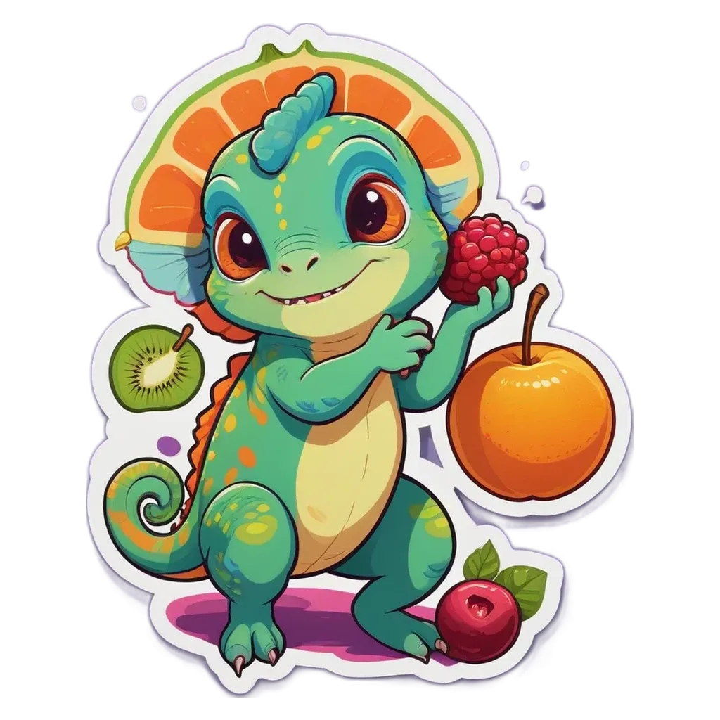 A cartoon drawing of a lizard holding fruit.