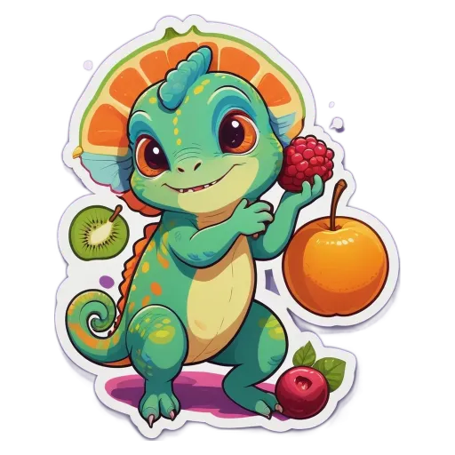 A cartoon drawing of a lizard holding fruit.