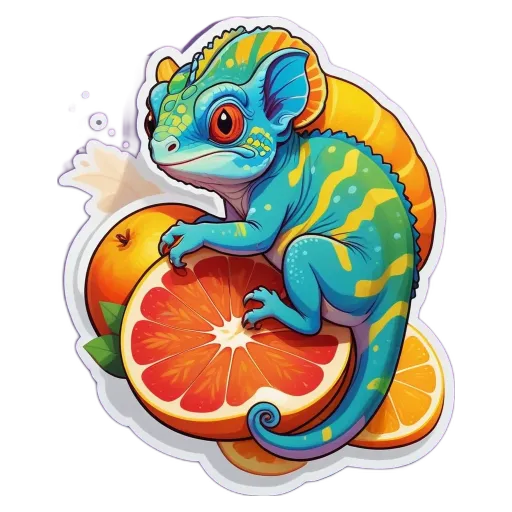 A colorful lizard is sitting on a slice of orange.