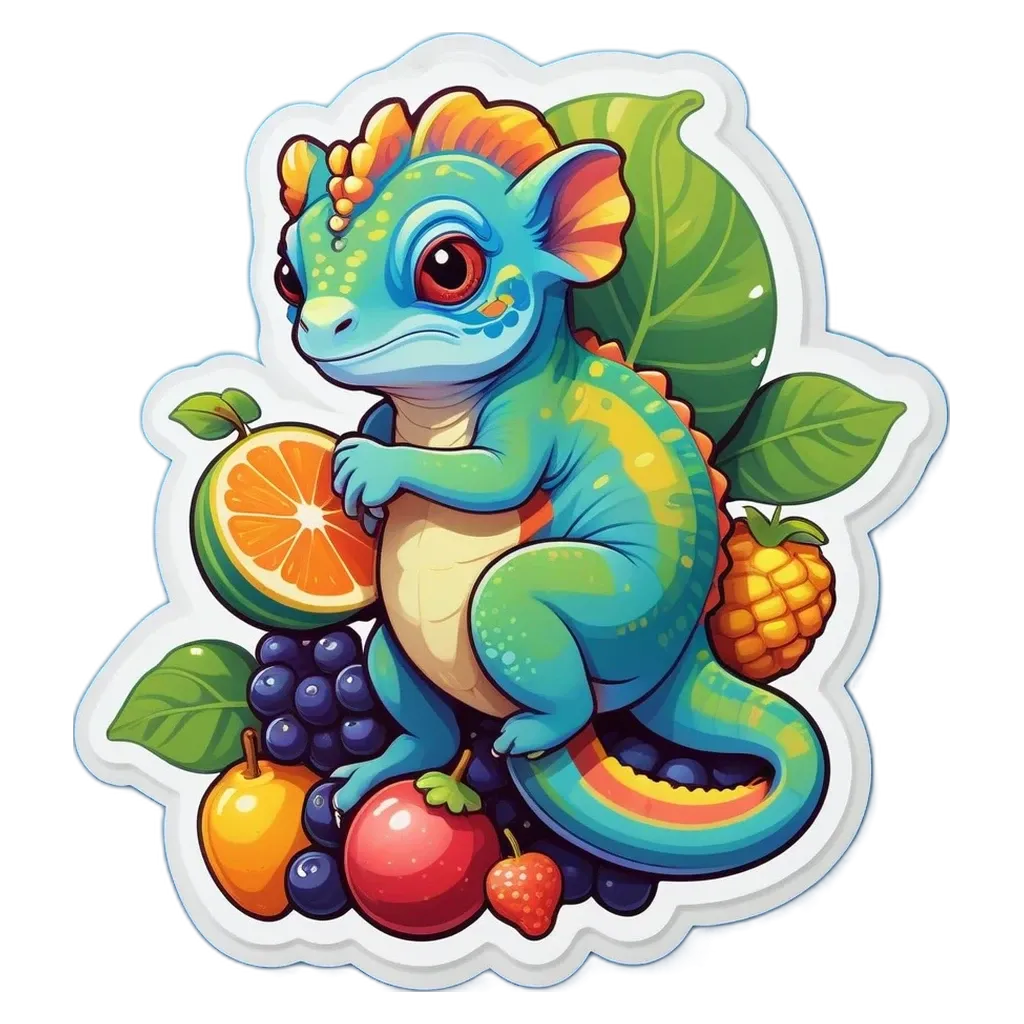 A cartoon drawing of a dragon with fruit on its back.