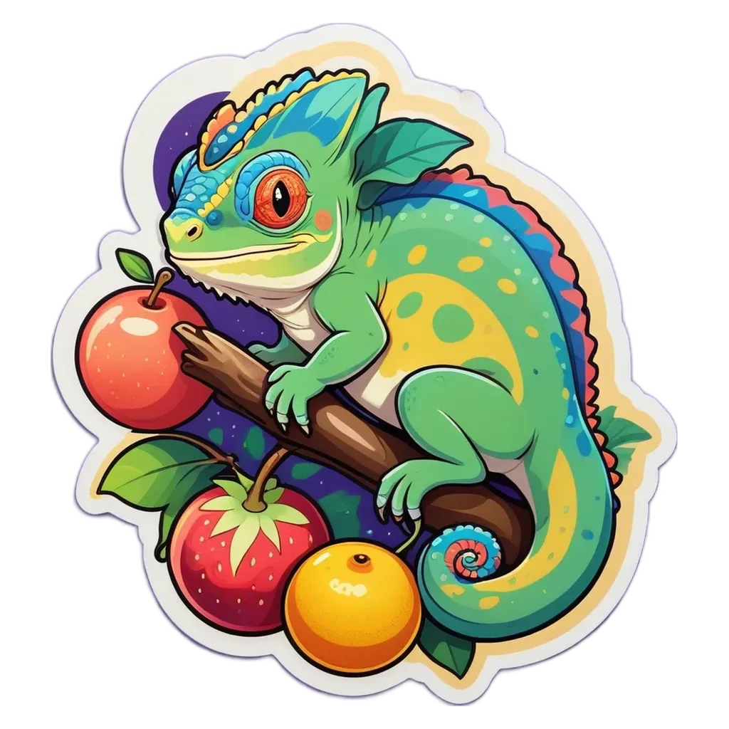 A lizard is sitting on a branch with fruit on it.