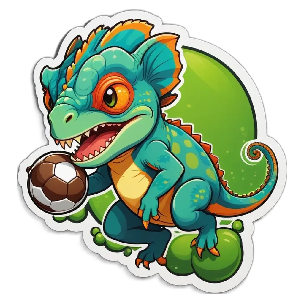 A cartoon drawing of a lizard holding a soccer ball.