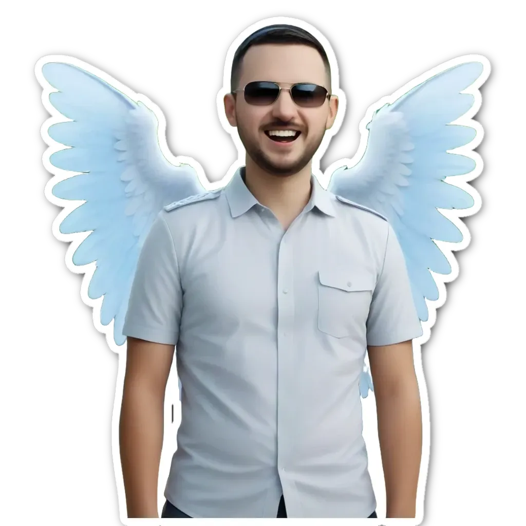 A man with a white shirt and blue wings with a smile.