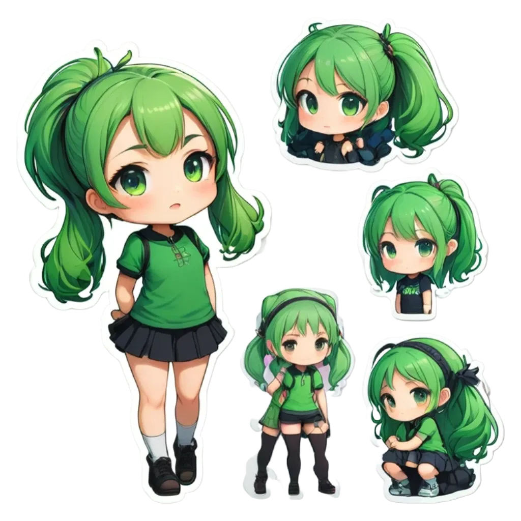 A girl with green hair and wearing a green shirt is shown in a series of stickers.