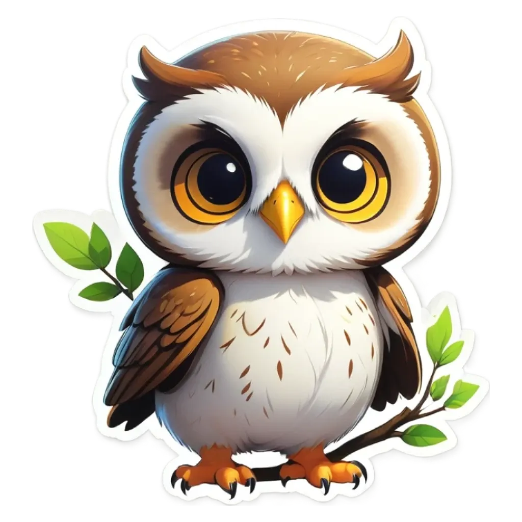 A owl sticker with a leaf in its paw.