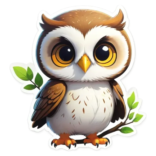 A owl sticker with a leaf in its paw.