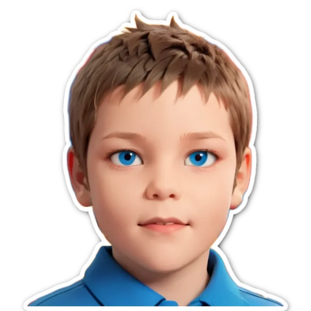 A sticker of a boy with blue eyes and a pink shirt.