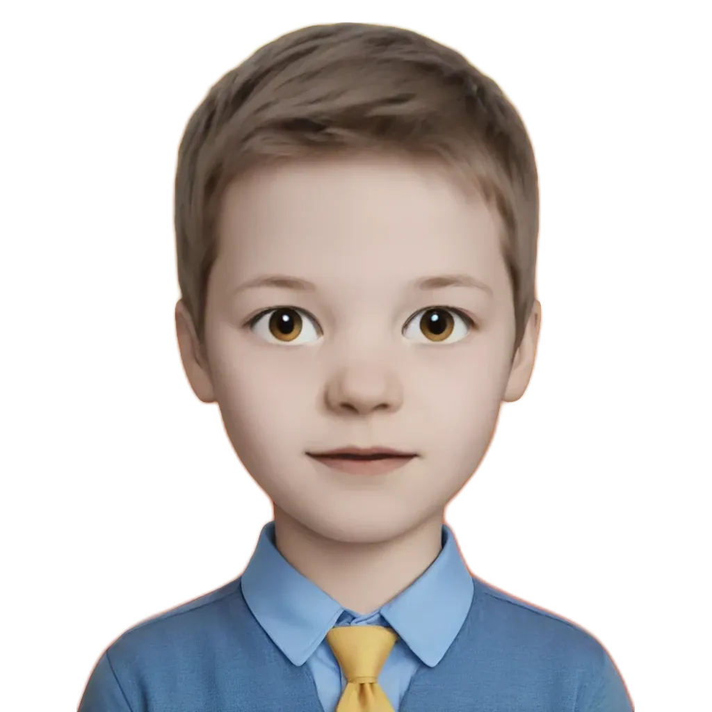 A boy with a blue shirt and a yellow tie.