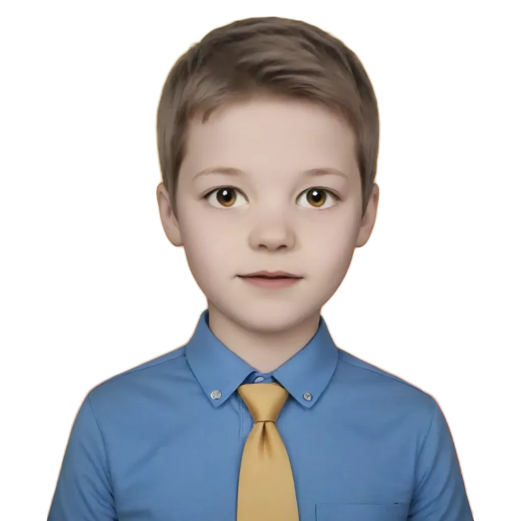 A boy wearing a blue shirt and a yellow tie.