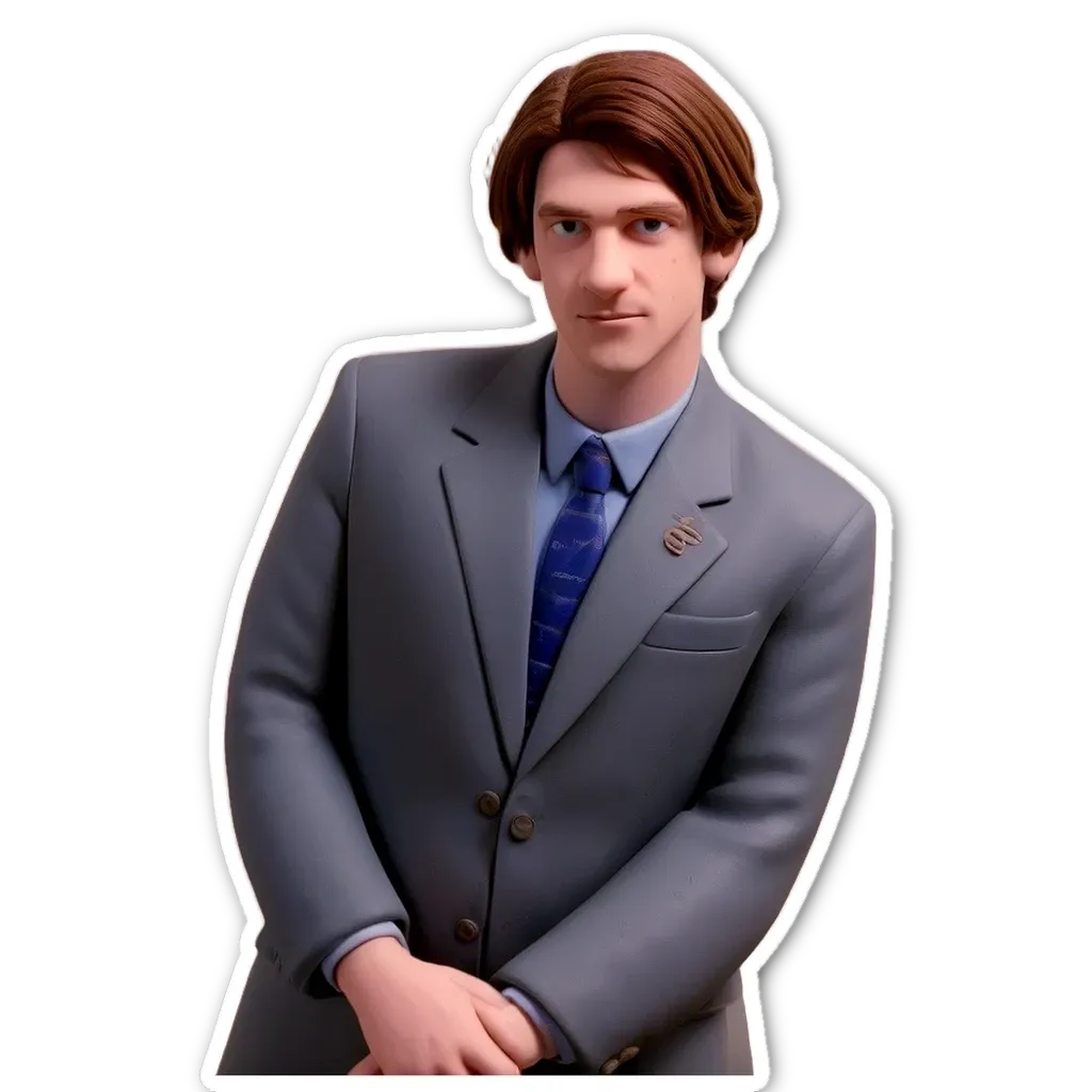 A sticker of a man in a suit with a blue tie.