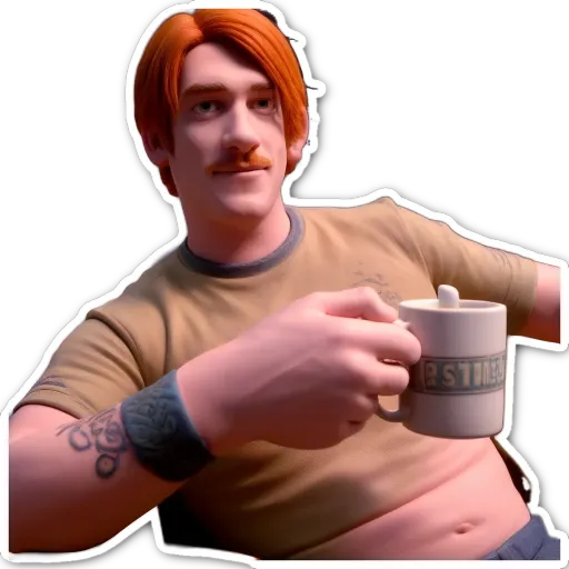 An orange haired man holding a coffee cup.