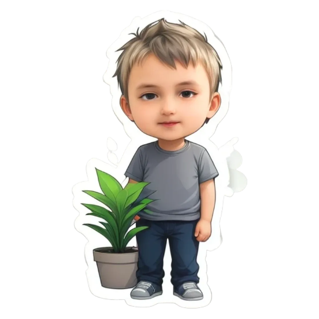 A boy standing next to a plant in a potted plant.