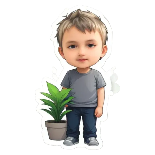 A boy standing next to a plant in a potted plant.