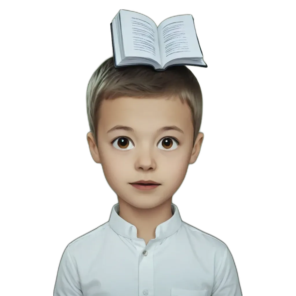 A boy with an open book on his head.