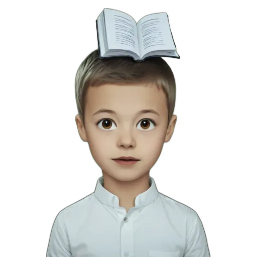 A boy with an open book on his head.