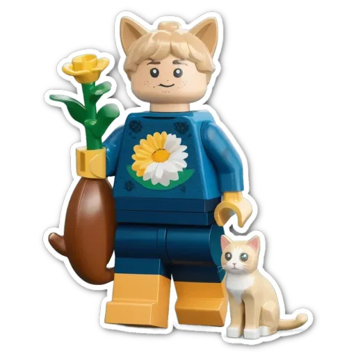 A lego person holding a flower and cat.