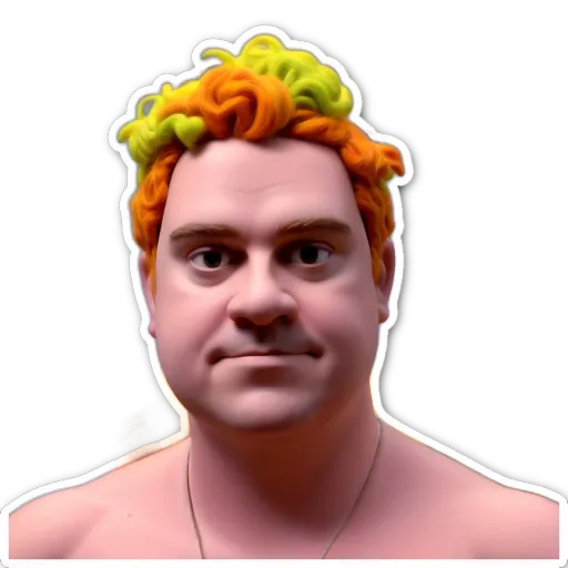 A colorful sticker of a man with yellow hair.