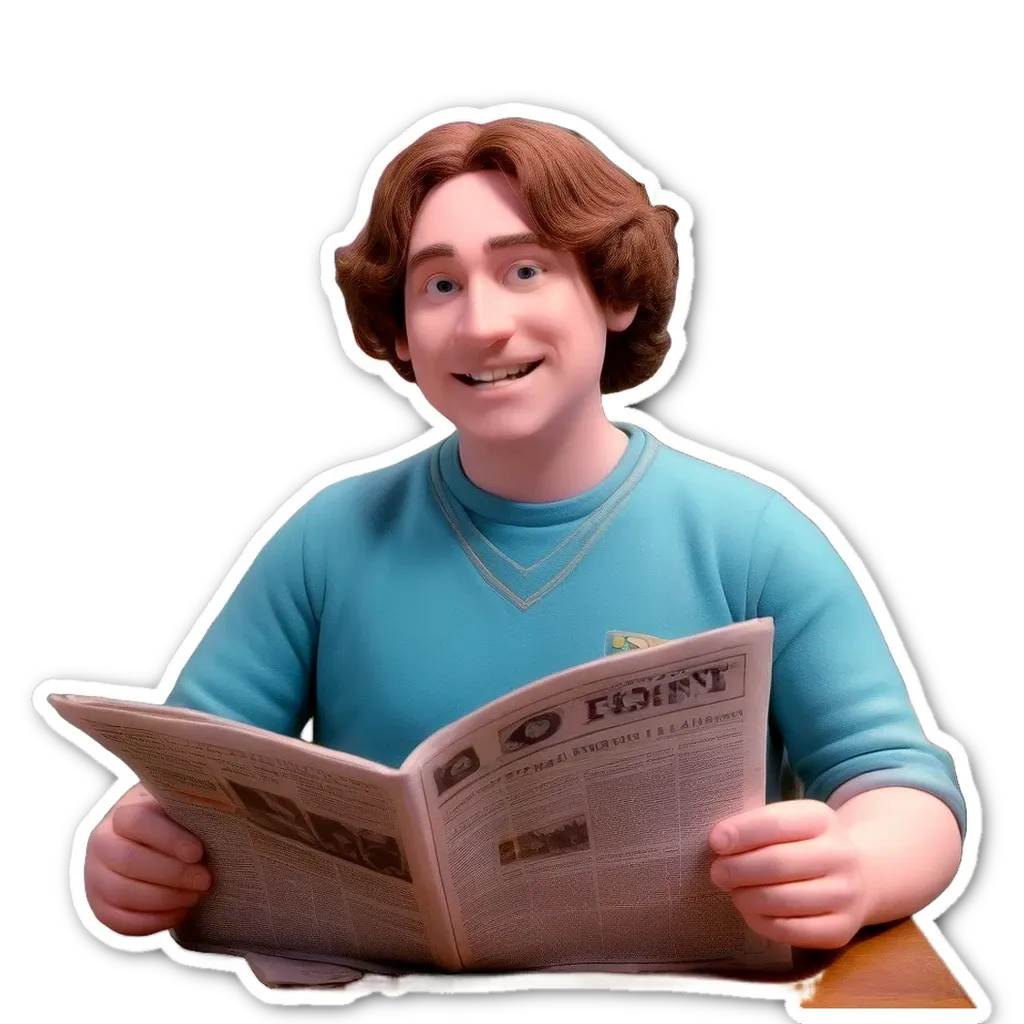 A man reading a newspaper is smiling.