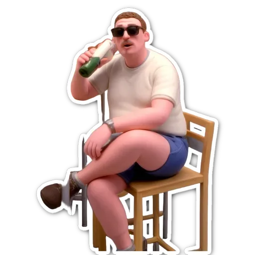 A man with a beer, no shirt, and sunglasses is sitting in a chair.