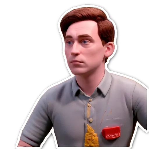 A white and black cartoonish image of a man with a red tag on his shirt.