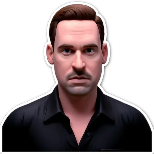 A sticker of a man's face with a black shirt and black eyes.