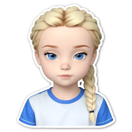 A child with a braid and blue and white shirt.