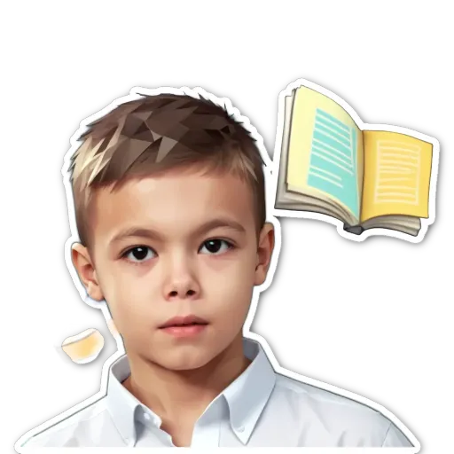 A boy with a white shirt and a book sticker on his left shoulder.