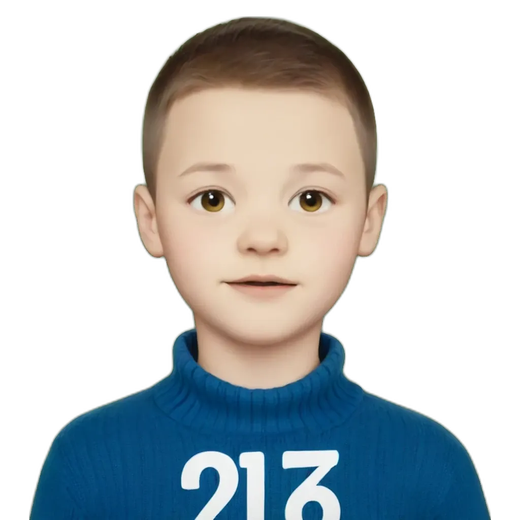 A boy with a blue shirt that says '2163' on it.