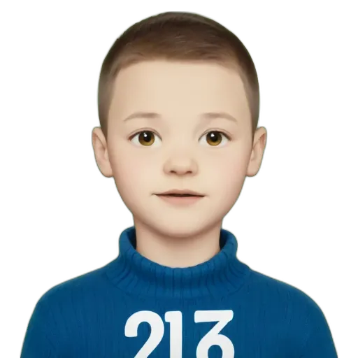 A boy with a blue shirt that says '2163' on it.