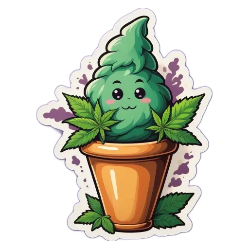 A sticker of a pot that has a marijuana plant in it and a cute face on it.