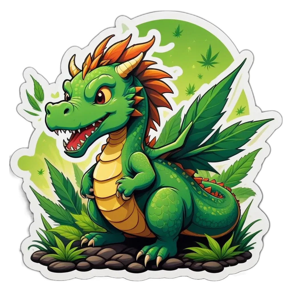 A green dragon with yellow horns and green leaves.