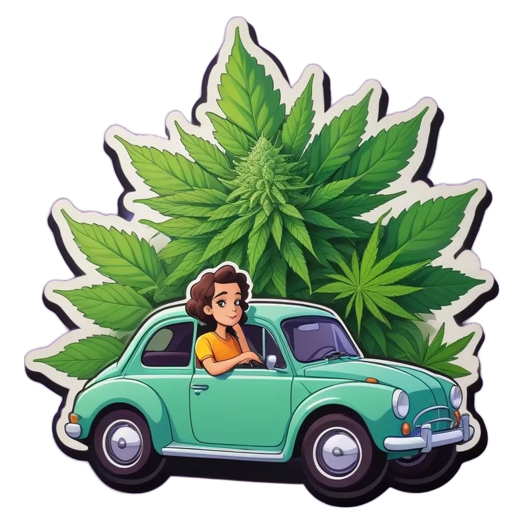 A green volkswagen car with a woman driving it is sticker is on a black background.