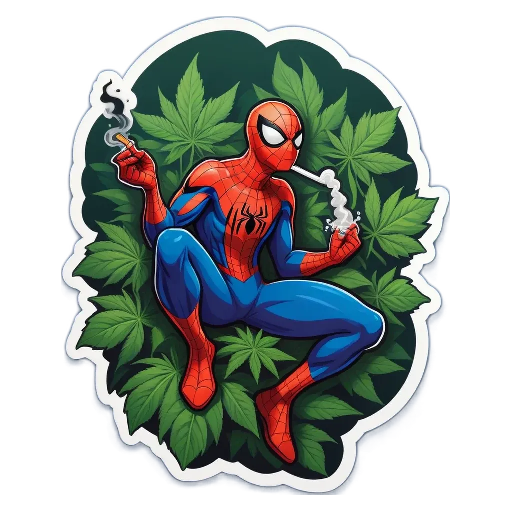 A spiderman smoking a joint in the leafy forest.