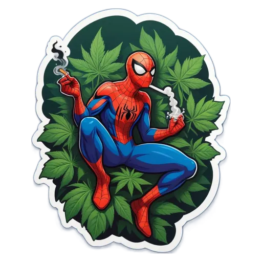 A spiderman smoking a joint in the leafy forest.