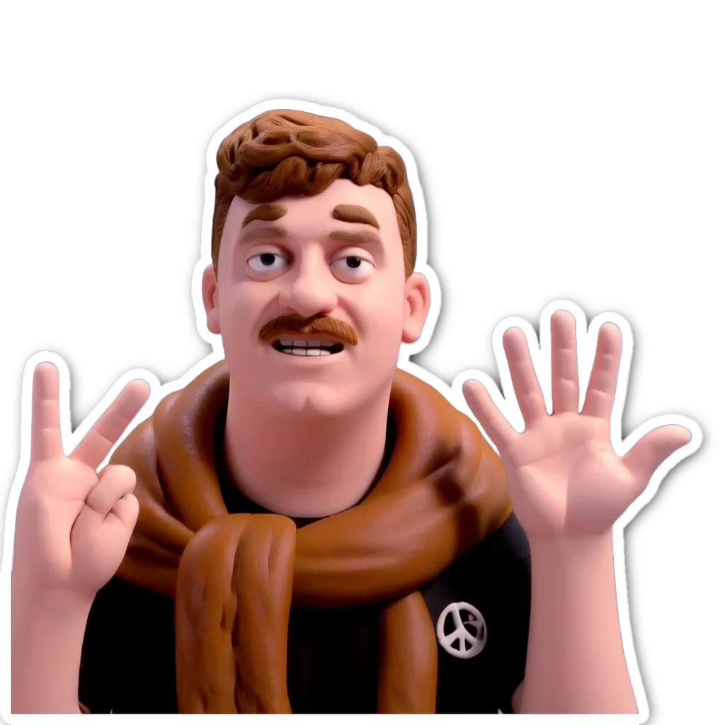 A man with a peace sign and a mustache is holding up his hands.