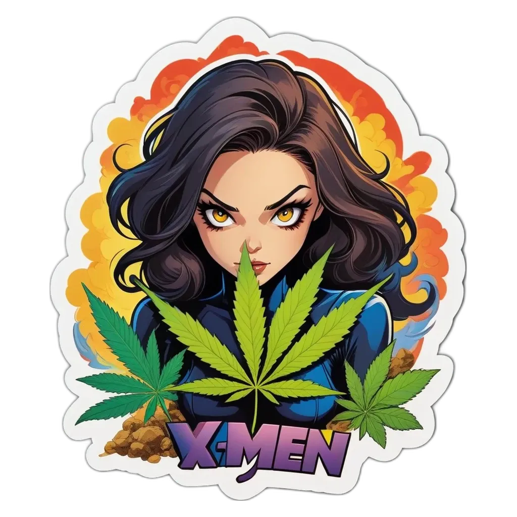 A sticker of a woman with marijuana and the word X-Men.