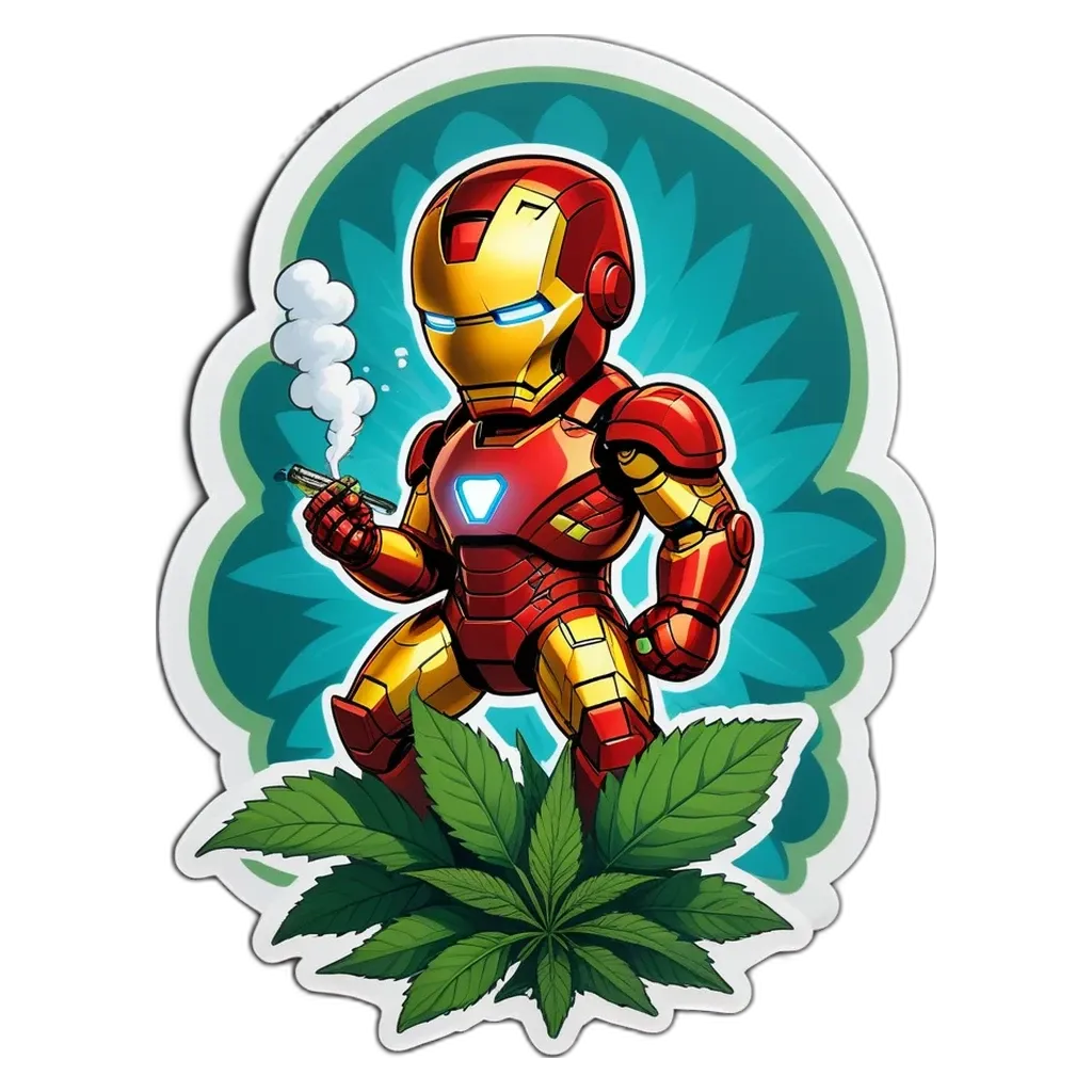 A cartoon depiction of a man smoking a joint while wearing a brown iron man costume.