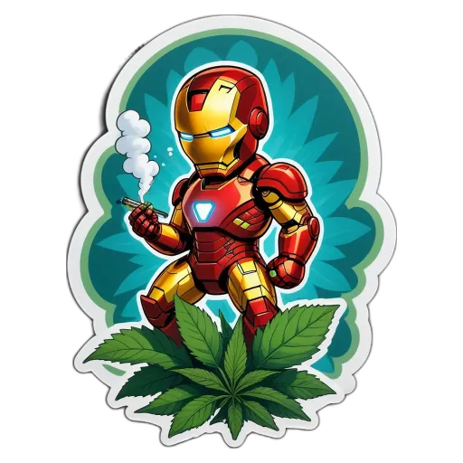 A cartoon depiction of a man smoking a joint while wearing a brown iron man costume.