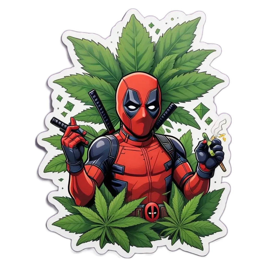 A deadpool cartoon character holding a joint and smoking a cigarette.