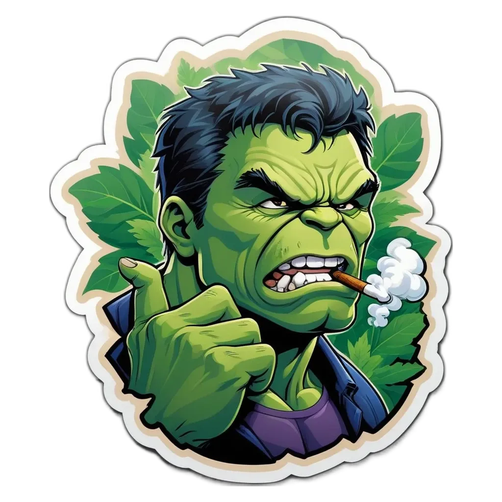 A sticker of a green-headed Incredible Hulk character smoking a cigarette.