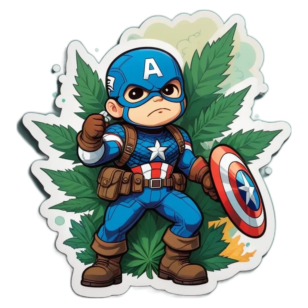 A cartoon depiction of captain america standing in front of some green weed.