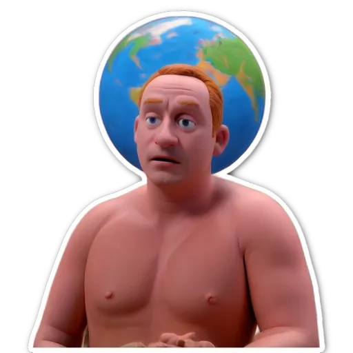 A man with a large world sticker on his head.