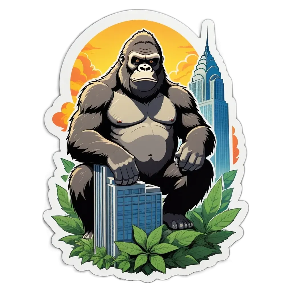 A sticker of a big gorilla sitting on a building.