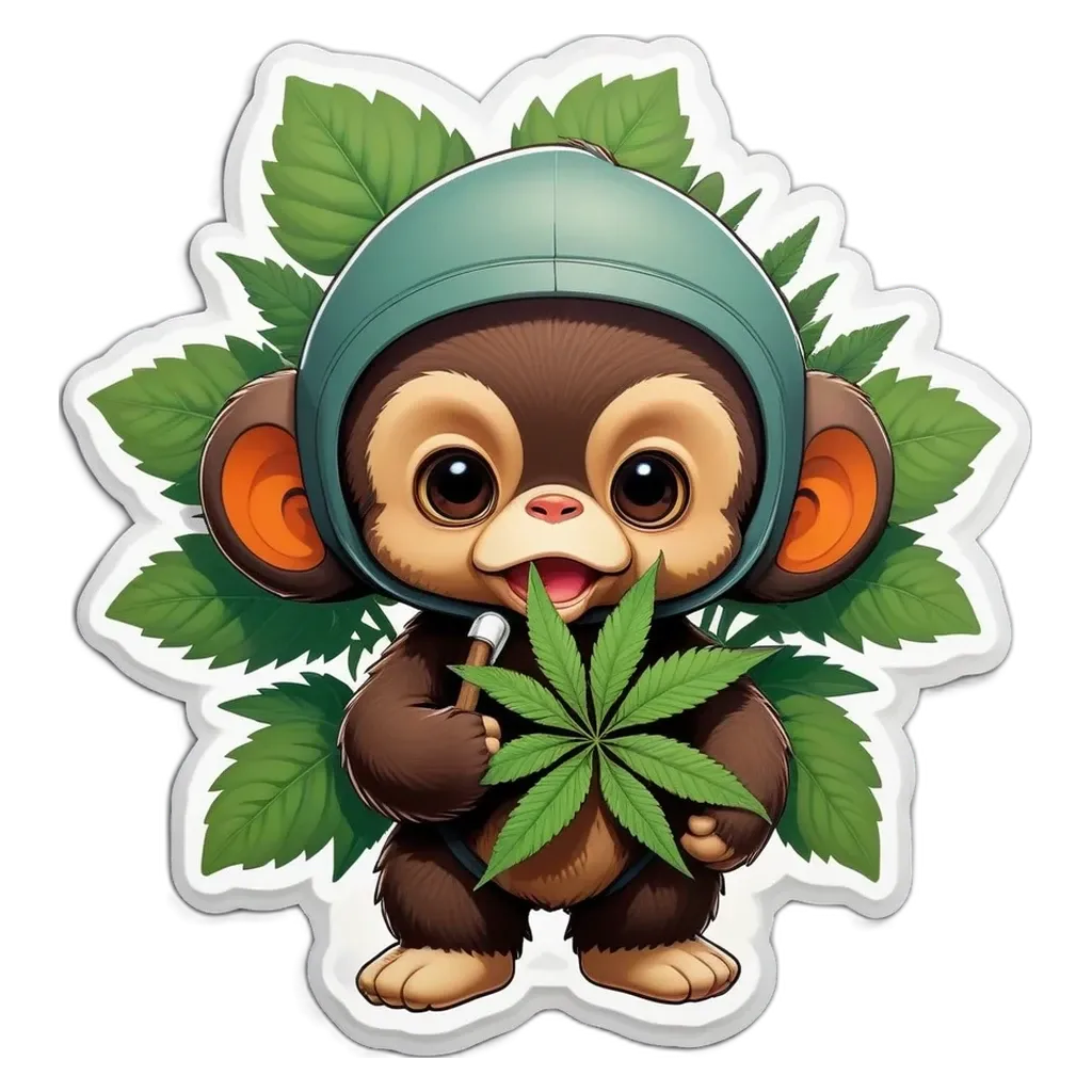 A monkey holding a marijuana leaf.