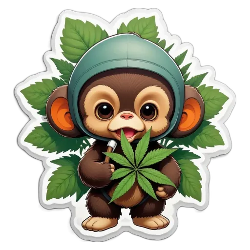 A monkey holding a marijuana leaf.