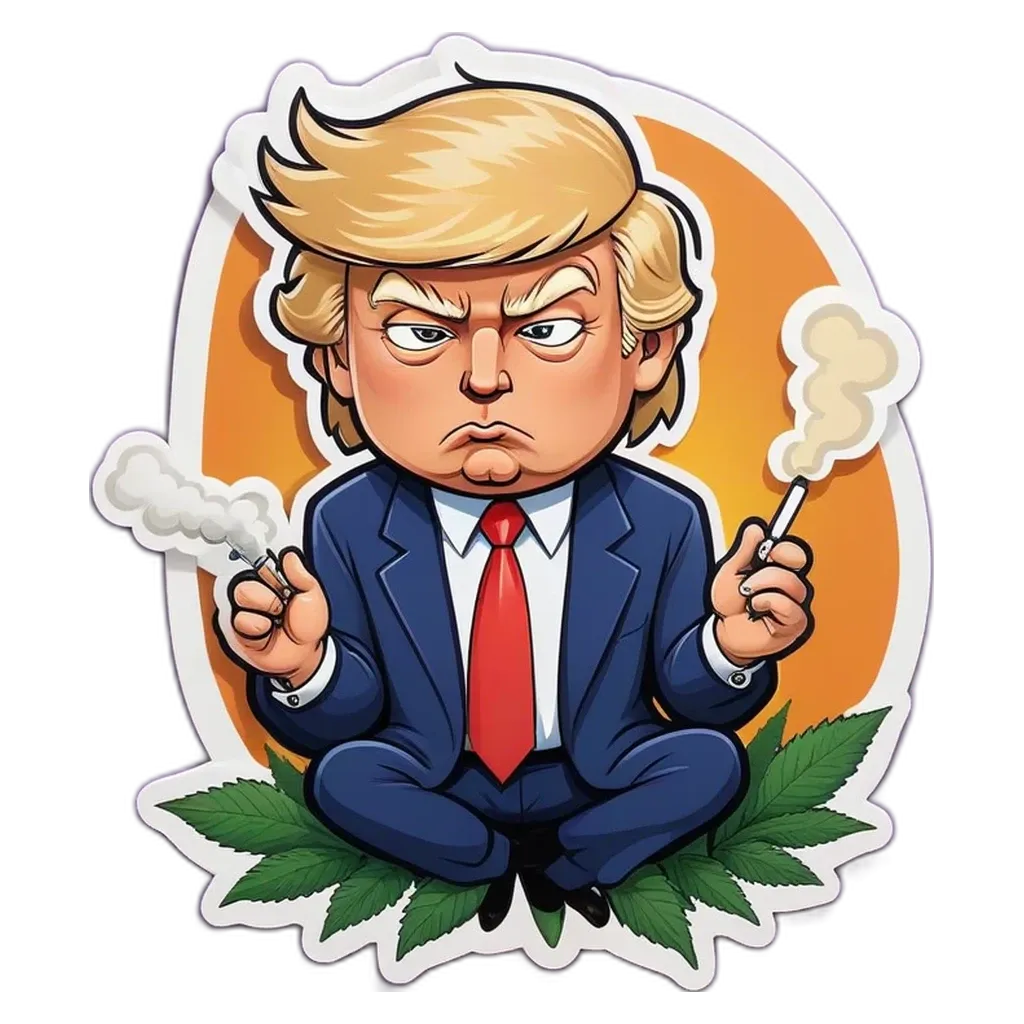 ADonaldTrump sticker that has a plant in front of him.